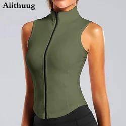 Aiithuug-Chaleco deportivo con cremallera para mujer, chaqueta sin mangas para correr, Tops de Yoga, camisas de cuello alto, Top deportivo, Tops de entrenamiento para Fitness