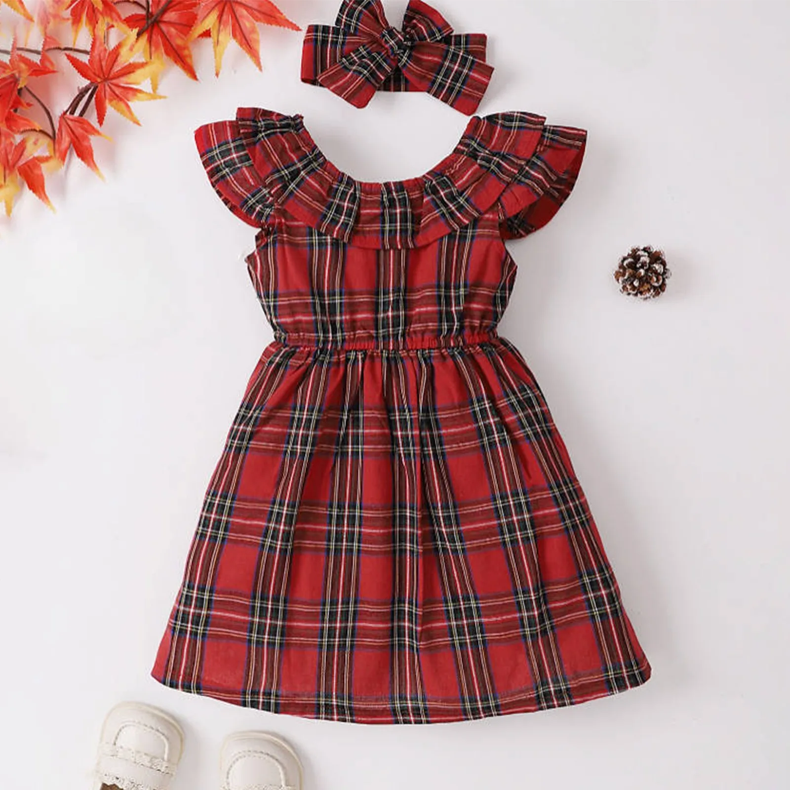 2PCS Children's Girls Summer Dress New Sleeveless Classic Plaid O-neck Dress Bow Waist Type A-Line Skirt + Headband Little Girls