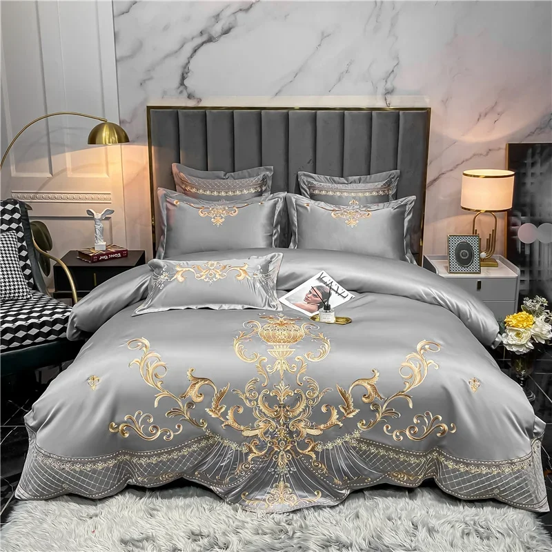 

King Size Bedding Set Luxury Nordic Gold Royal Embroidery Double Duvet Cover Cotton Bed Sheets and Pillowcases Bed Comforter Set