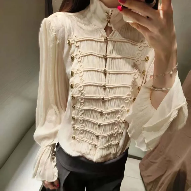 Romantic Shirt Women Flare Sleeve Blouses Decorative Buttons Stand Collar Pleated Vintage Elegant Tops 2026 Summer Ruffles Tops