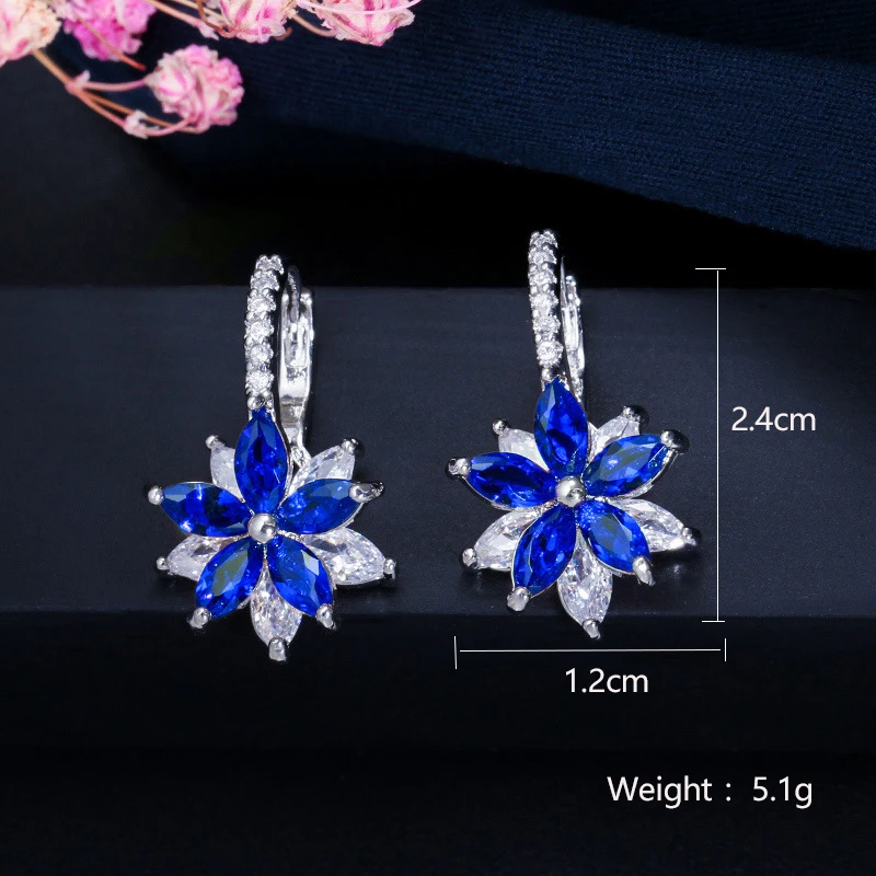 Uilz Korean Blue Cubic Zircon Crystal Flower Cute Dangle Earrings for Women Party Fashion Jewelry Accessories