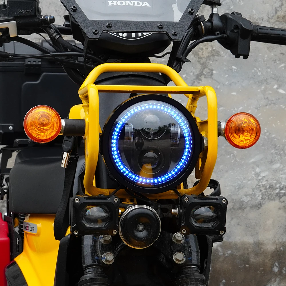 Modified 5.75in LED Headlight Blue Ring Daytime Running Light High Low Beam For Honda Cross Cub JA60 CC110