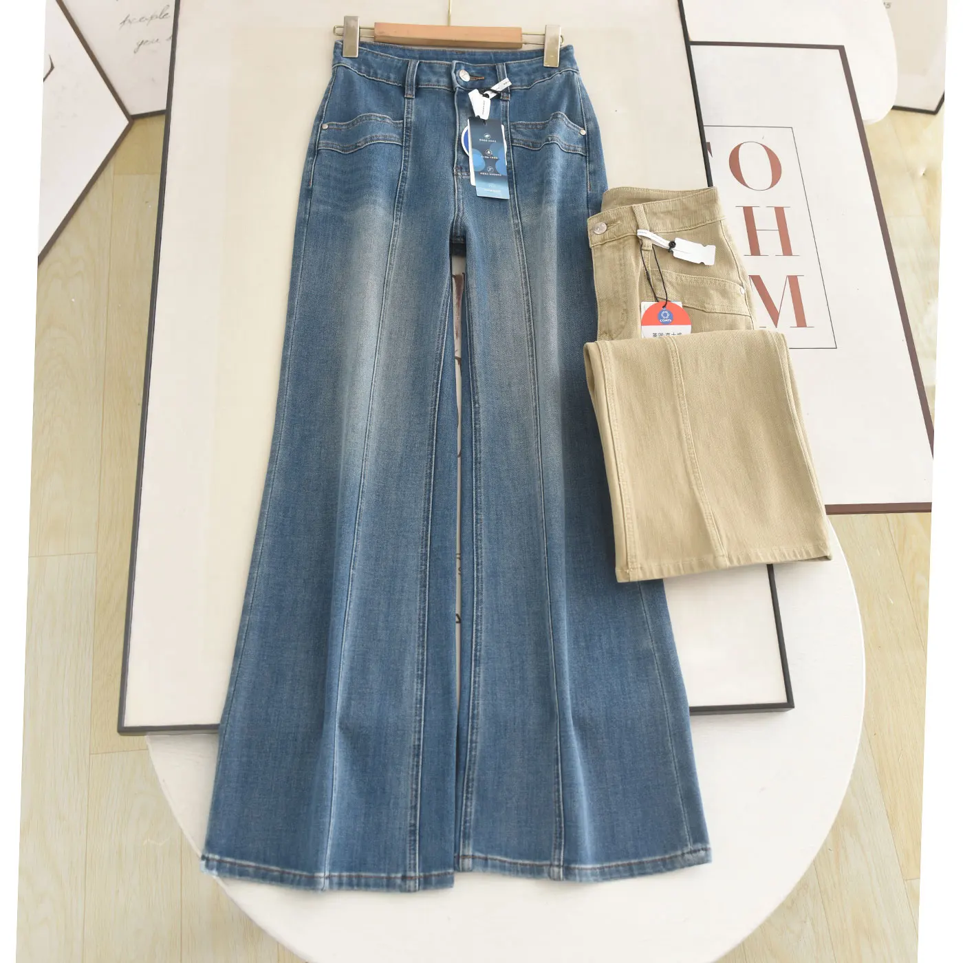 High Waist Straight Leg Jeans Four Way Stretch Middle Seam Line Micro Flared Retro Slimming Personality Long Legged Pants