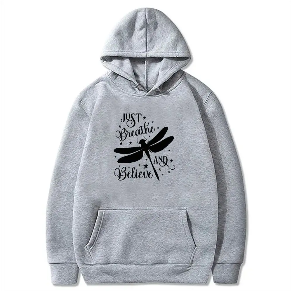 Atme einfach und glaube – Kapuzenpullover mit Libellen-Print für Damen, Langarm, lässig, warm, Streetwear, Herbst-Winter-Oberteil