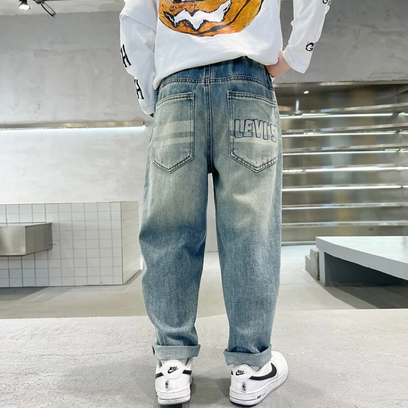 Patchwork Jeans For Big Boys Letter Print Trousers Spring Autumn Boys Pants Child Baggy Wide-Leg Clothes Teenager For6-15y