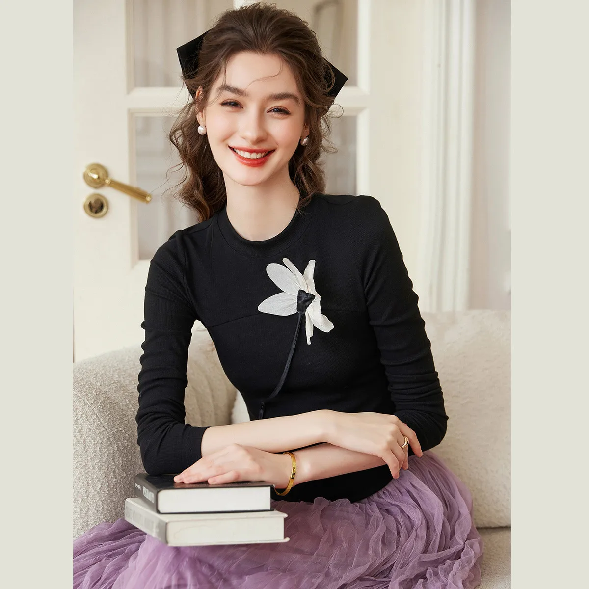 LOUIS YAO 3D Floral Embellished Women's T-Shirt 2026 Spring Micro Elastic Regular Shoulder Tee Slim-Fit Long-Sleeve T-Shirt