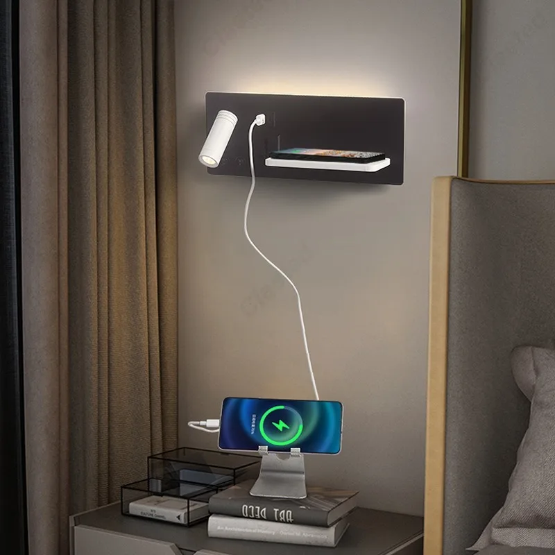 Imagem -02 - Led sem Fio Rotatable Wall Light Cabeceira Reading Light Lâmpada Multifuncional Usb Carregamento Port Estudo e Sala de Estar