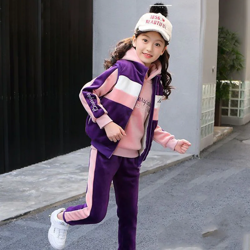 Winter Velvet Tracksuit Conjuntos Plush Lined Vest + Thick Hooded Sweatshirts + Kids Jogger Pants Suit Warm Girls 3 Piece Sets