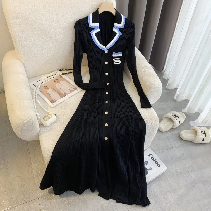 YuooMuoo Elegant Embroidery Letter Knitted Maxi Dress Autumn Winter Brand Fashion Lady Notched Black Sweater Dress Office Robes