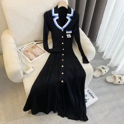 YuooMuoo Abito lungo lavorato a maglia con lettera ricamata elegante Autunno Inverno Marchio di moda Lady Abito maglione nero dentellato Abiti da ufficio