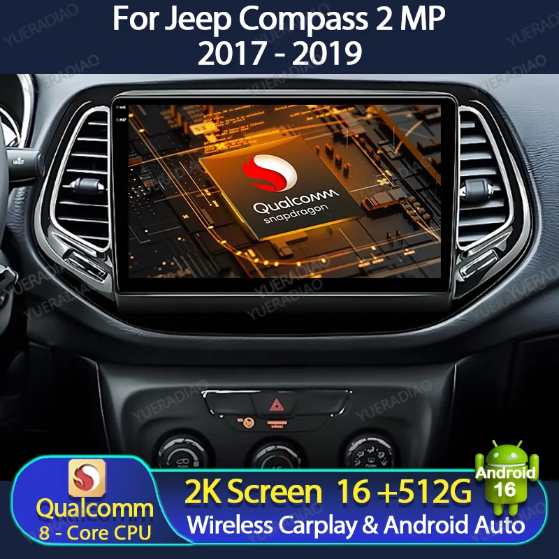 Android 16 Autoradio Qualcomm für Jeep Compass 2017 2018 2019 Multimedia Stereo Videoplayer GPS Navigation 4G LTE 5G WIFI DSP
