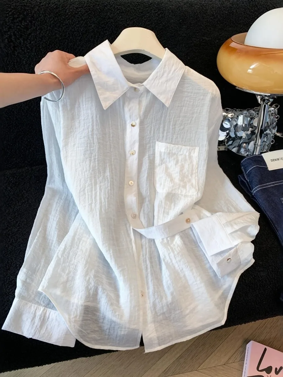 

White Silk Sun Protection Shirt Women Summer Thin Outerwear with Strap Loose Slimming Ice Silk Air Conditioner Cover up