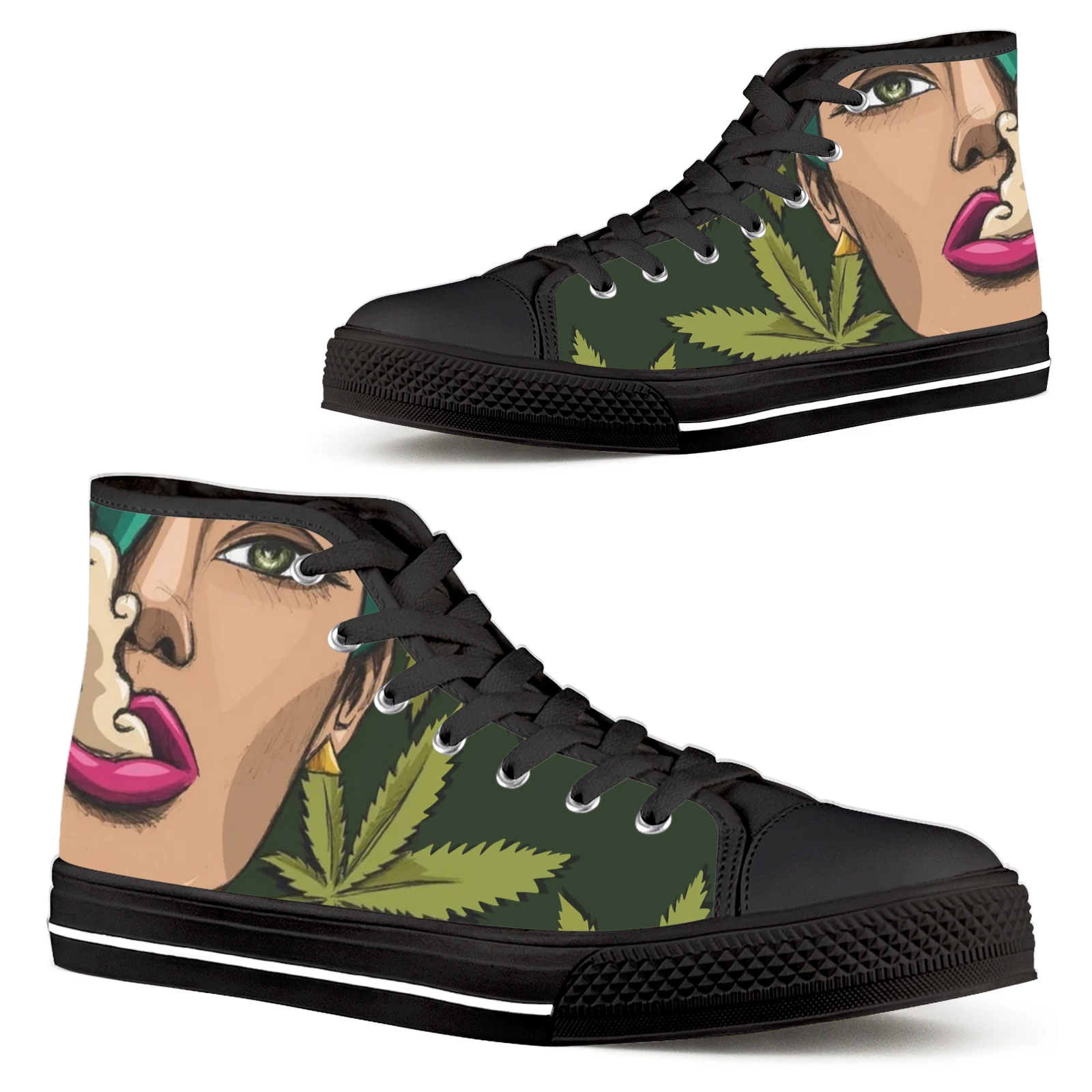 

ELVISWORDS Tropical Plant Leaves 420 Women's Printed Comfortable Lace-up Women's Shoes Teenagers Casual Walking Shoes Black