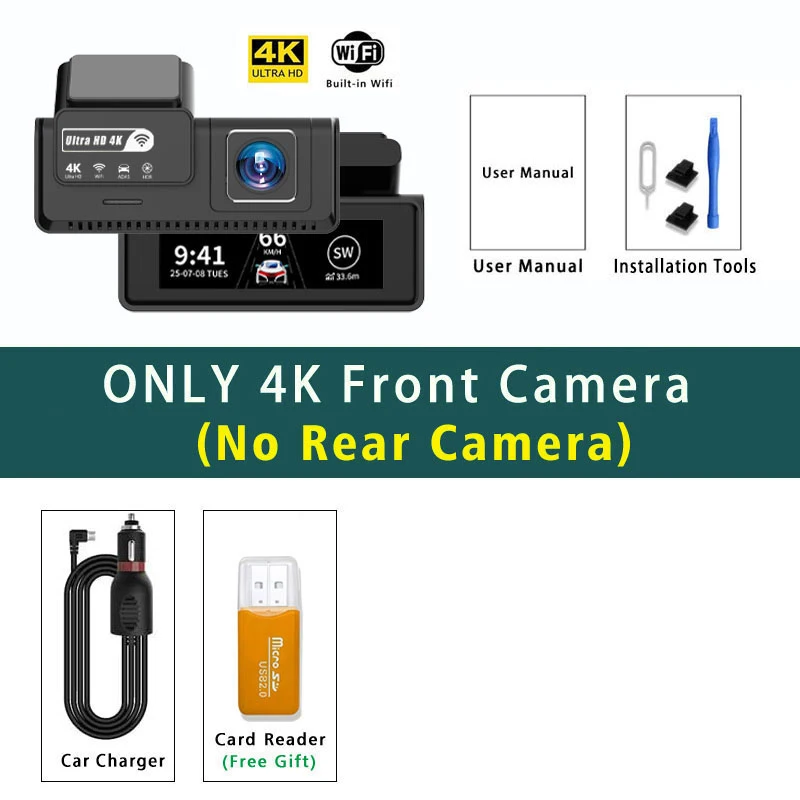 Ultra HD 4K Auto Dashcam, voor- en achtercamera (2.5K), mini WIFI DVR, Black Box, met 24 uur parkeerbewaking, nachtzicht, GPS/achteruitrijcamera