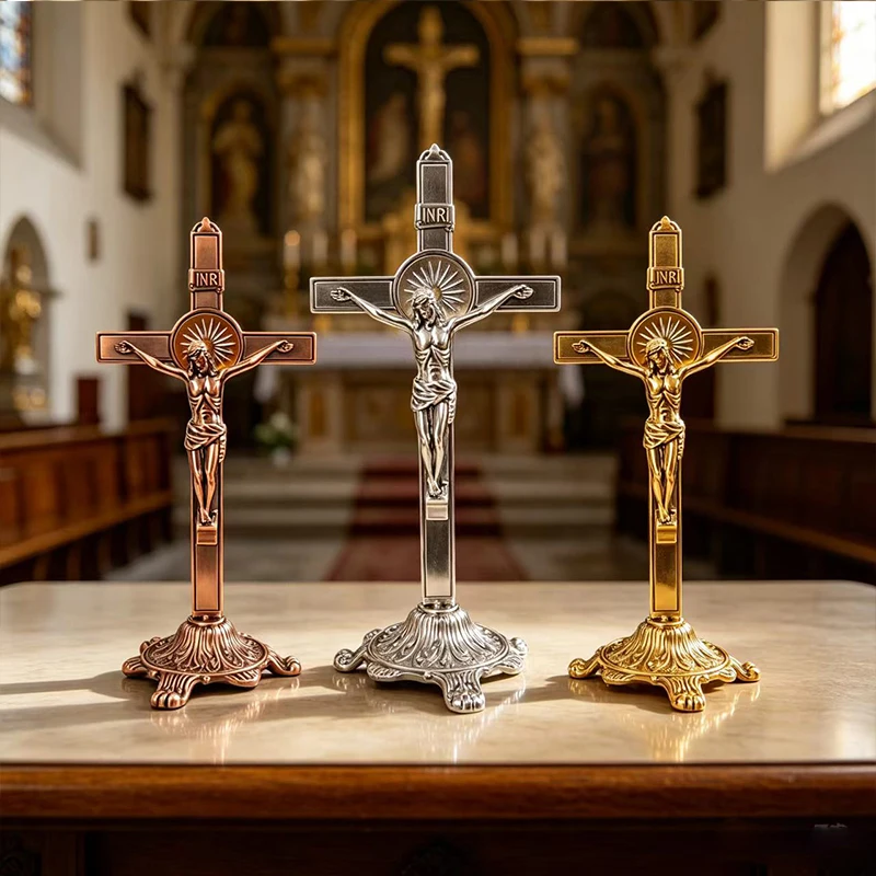 Neues 26cm großes zweifarbiges (Gold-Silber) stehendes Kruzifix mit Jesusfigur und Sockel für Kirchenaltar, Gebet, christliches religiöses Geschenk, Dekoration – Detail 2