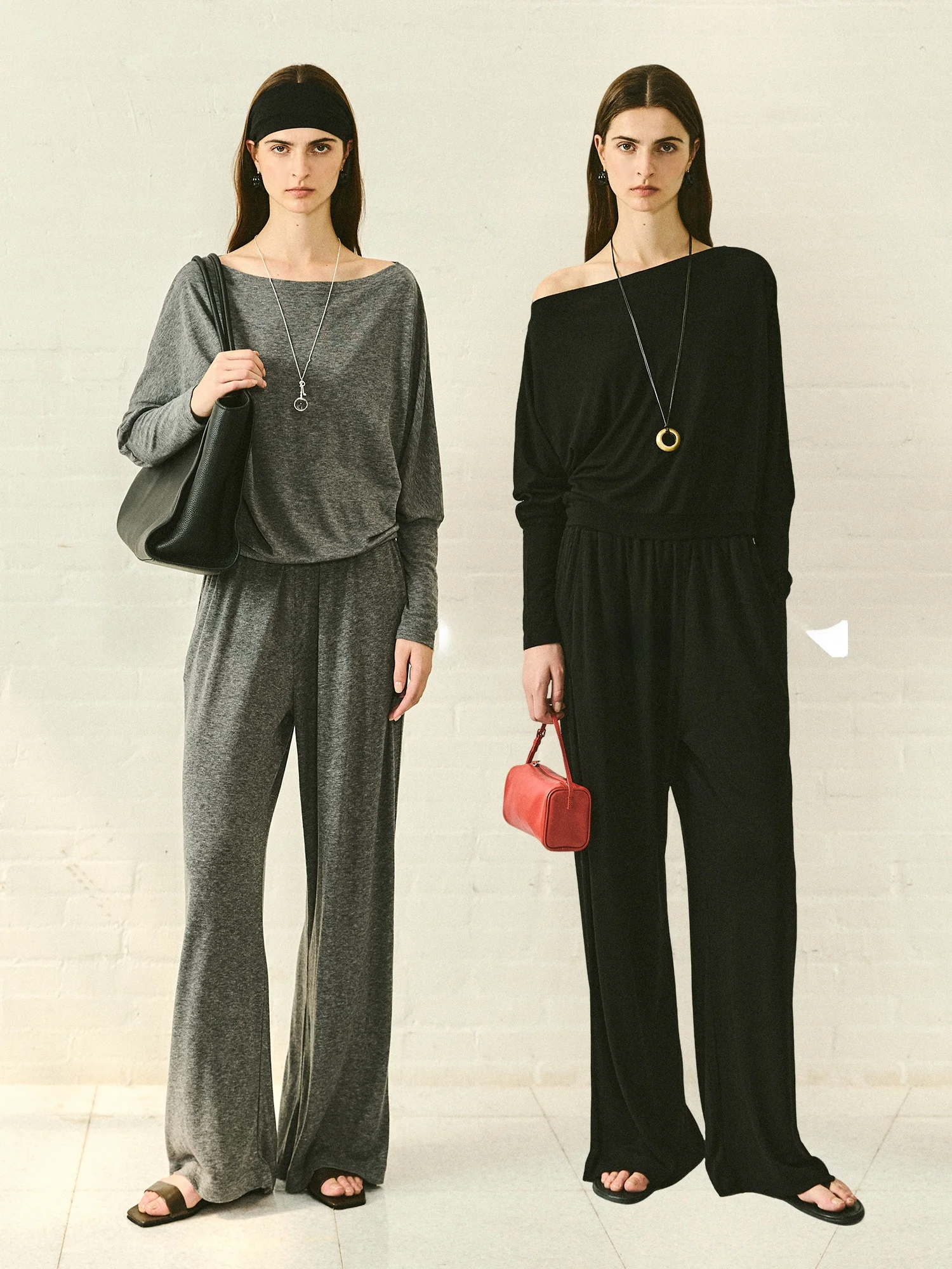 

Повседневный комплект: футболка с длинным рукавом и брюки с широкими штанинами, женский модный наряд, прямой крой, высокая талия, смесовая ткань из шерсти и шелка, две части.