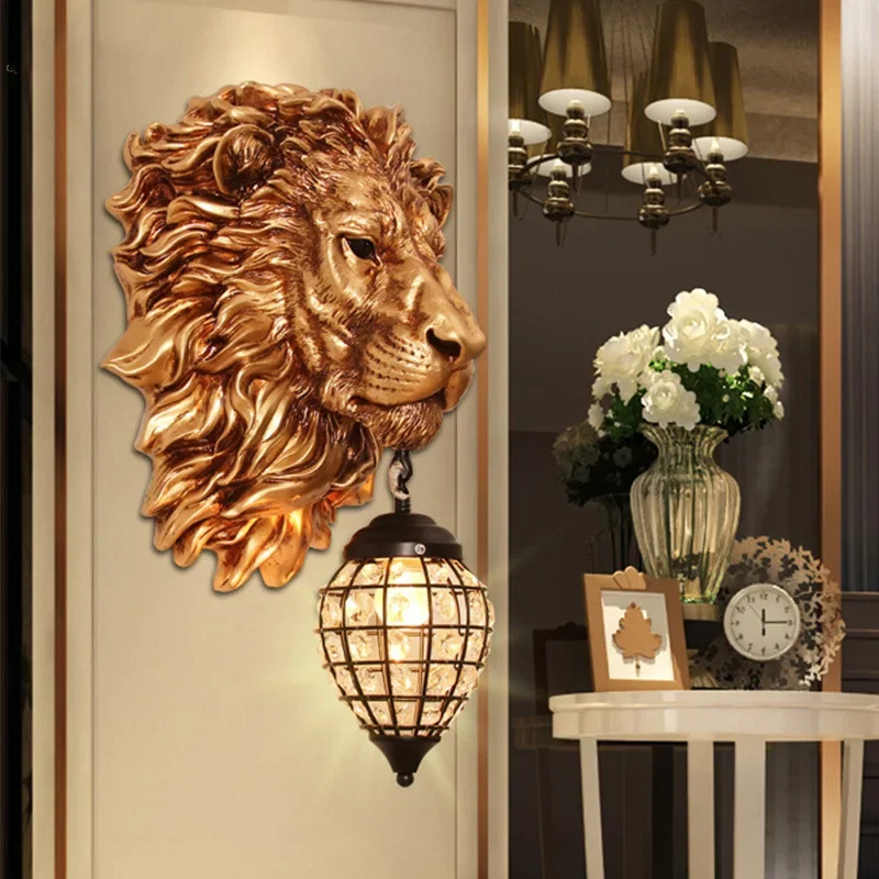 European personality creative living room bedroom retro aisle restaurant background wall resin antique lion wall lamp LX102318