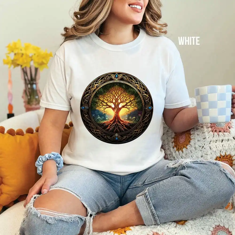 Camiseta Vintage de árbol de la vida Yggdrasil para mujer, camiseta con gráfico pagano vikingo nórdico de Academia oscura, cuello redondo, parte de arriba ropa informal Unisex Y2K