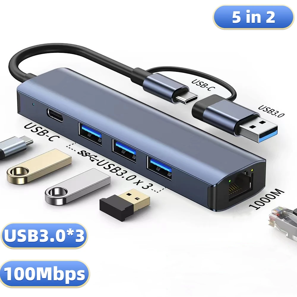 

5 in 2 USB C HUB USB3.0 5Gbps Multi-port Usb Splitter 1000Mbps with Ethernet port USB Type C HUB Docking Station for Laptops HUB