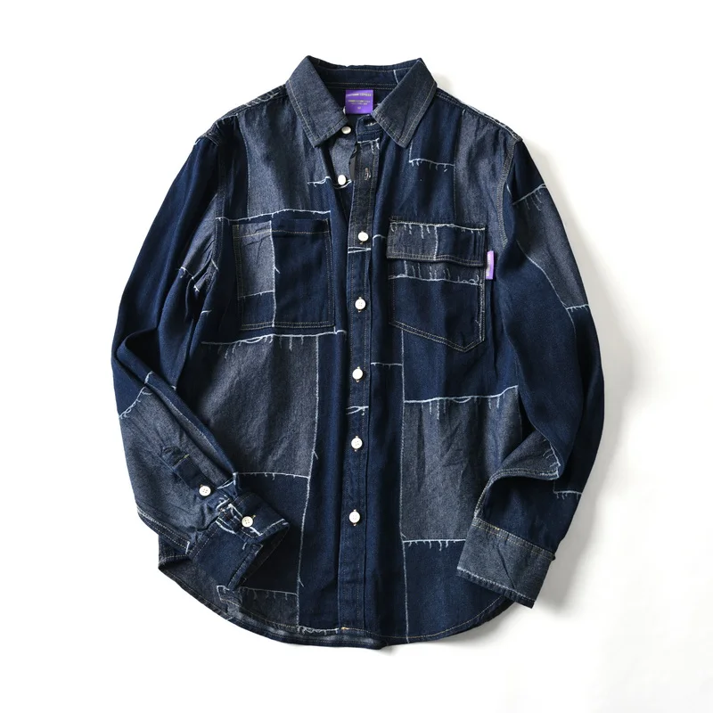 

Trendy Men's INS 100% All-Cotton Retro Color-Block Patch Casual Denim Shirt 2025 Spring Autumn New Arrival Streetwear Jackets