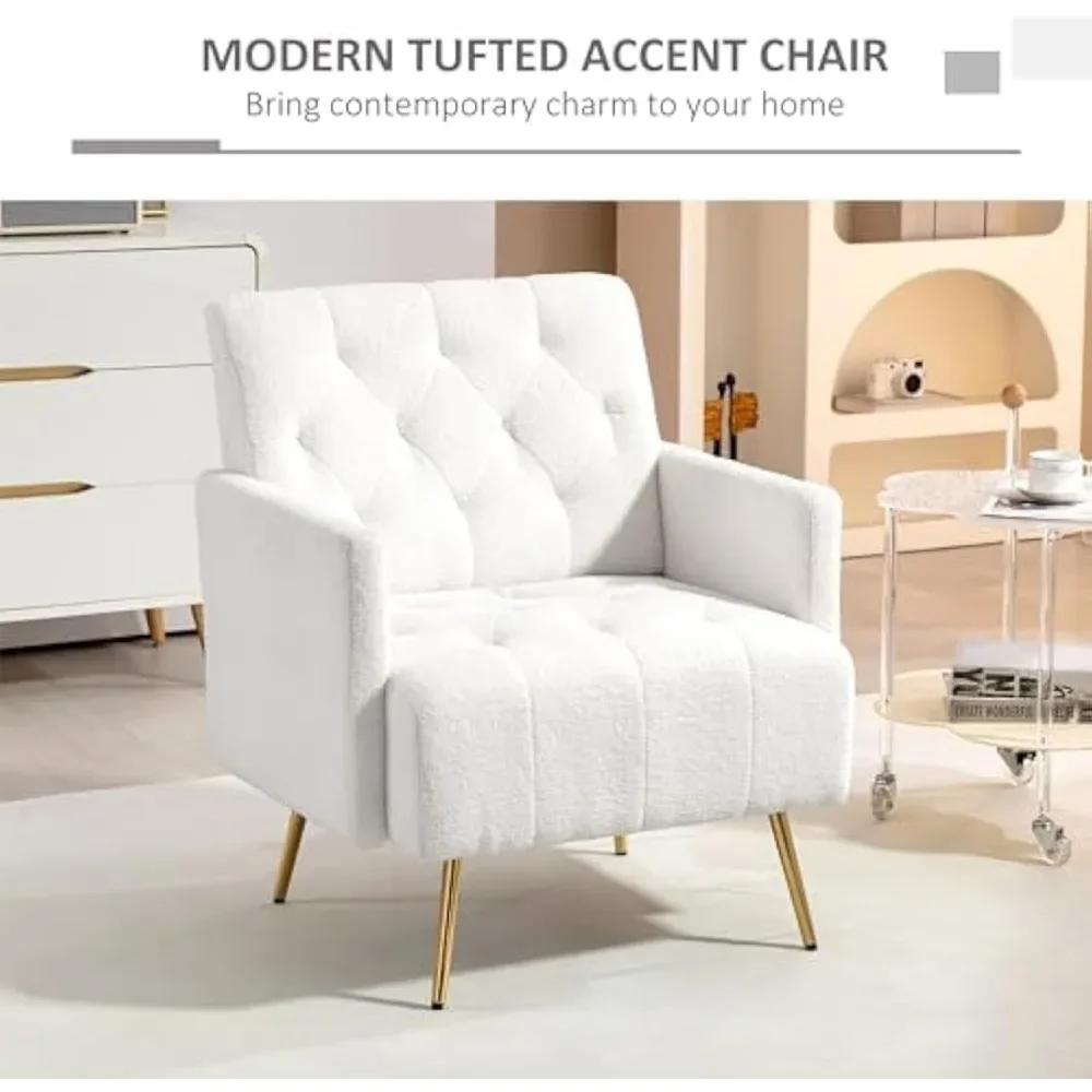 Silla moderna con adorno de Sherpa, sillón capitoné en tela, patas de acero dorado, silla de lectura en tela, cómoda silla de salón