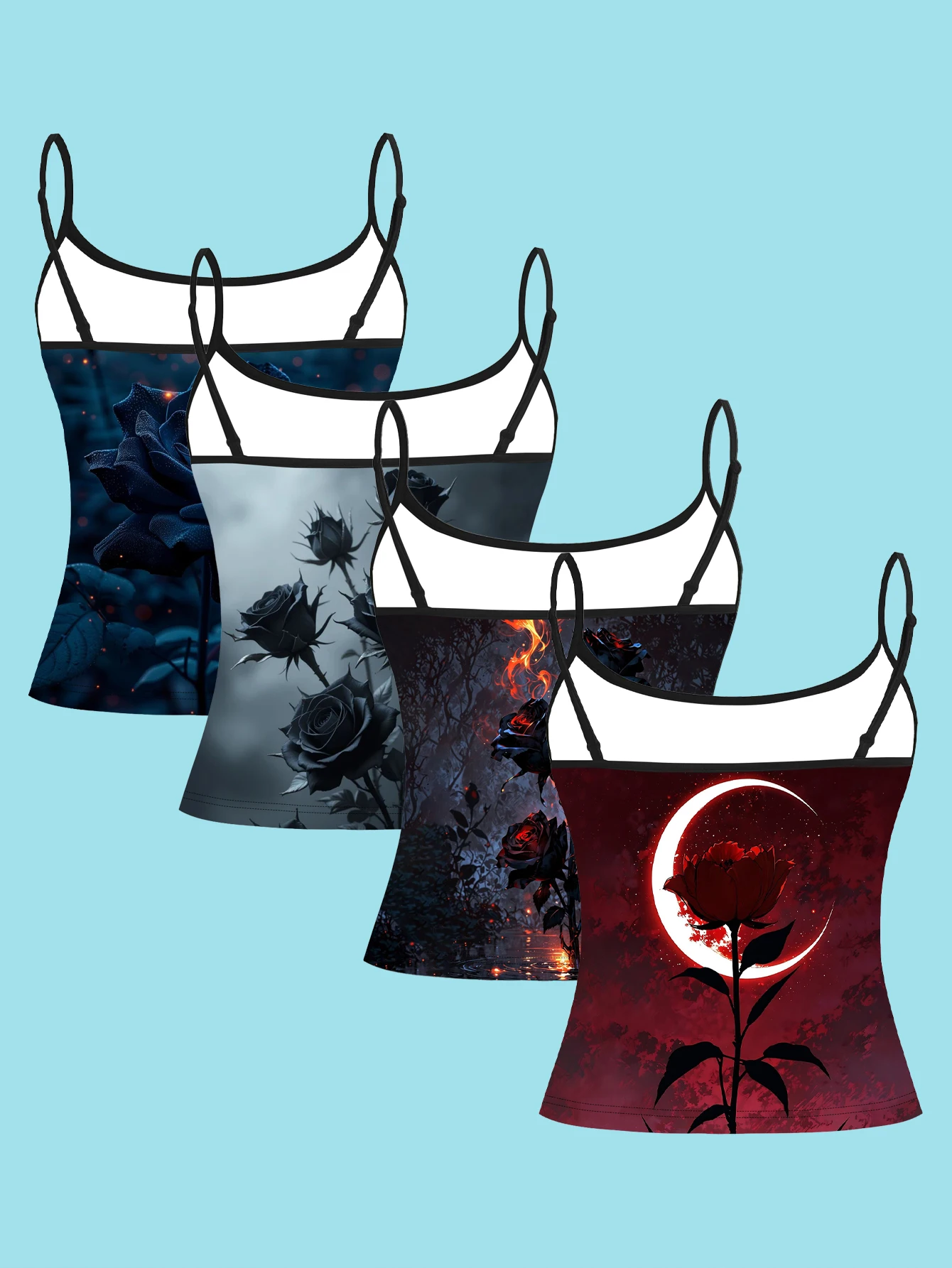 4-Piece Set of Gothic Dark Rose Print Camisole with Flame and Crescent Moon Design, Slim-Fit Spaghetti Strap Sleeveless Top for Women, Suitable for Outerwear or Layering
