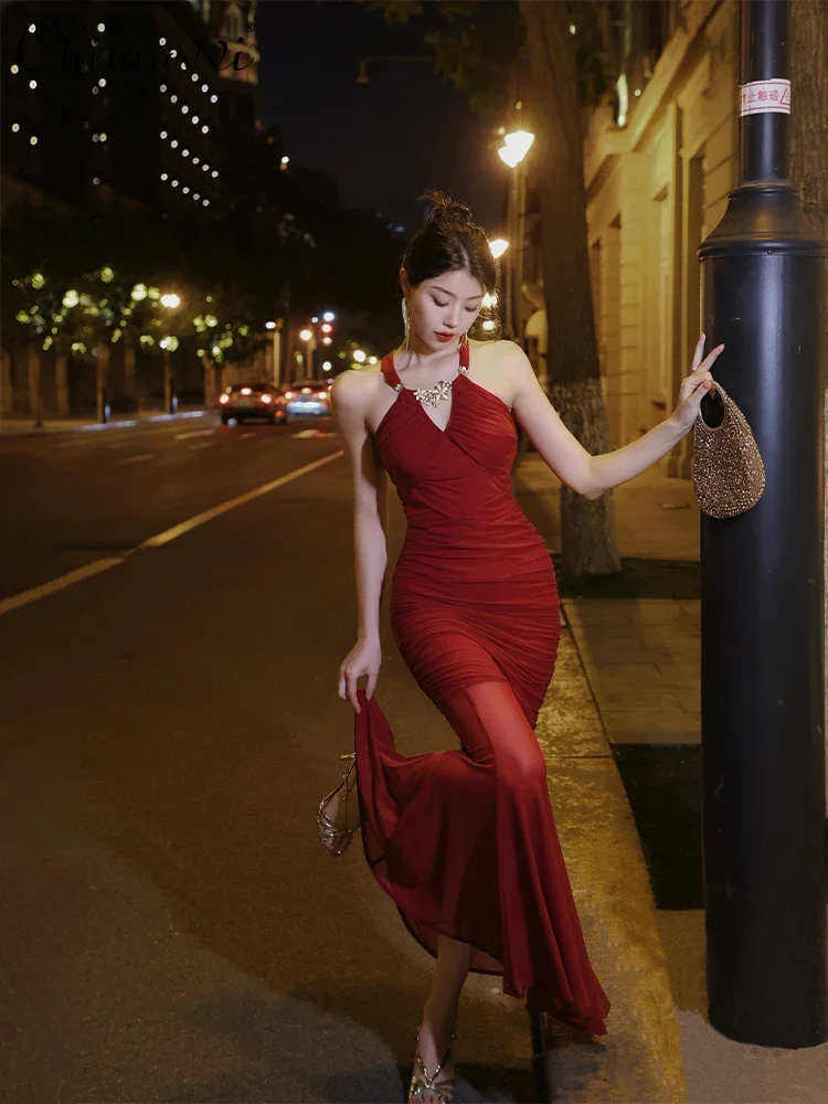 

French Elegant Sexy Sleeveless Off-shoulder Halter Dress High Waist Slim Mesh Stitching Red Fishtail Long Evening Dresses Women