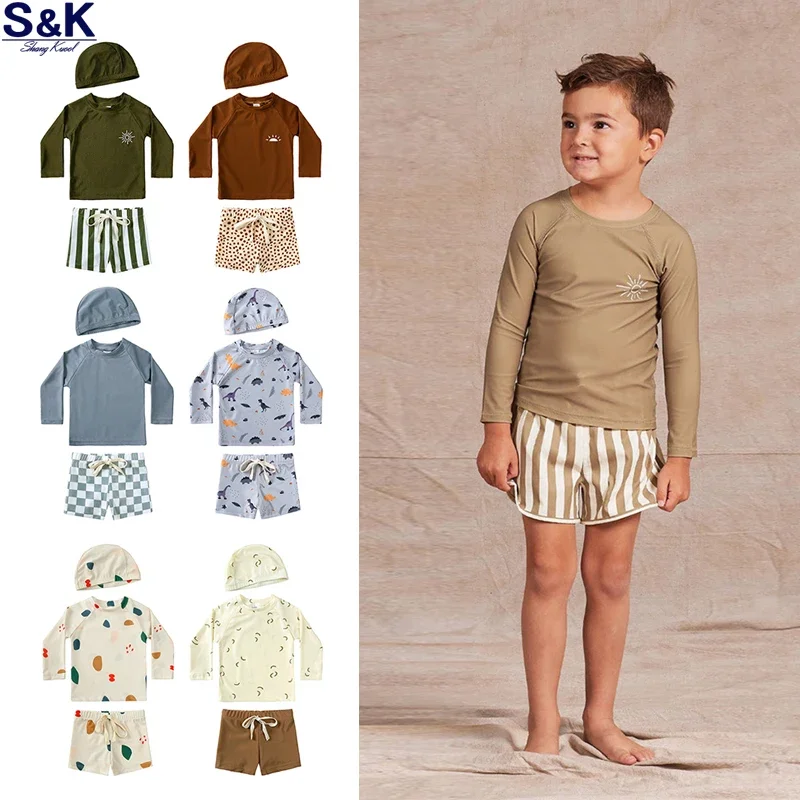 

Summer Kids Boy Swimsuits 1-7T Fashion Children Surfing Swim Suit Toddler Sets Vacation Beach Pants Long Sleeve Tops with Hat