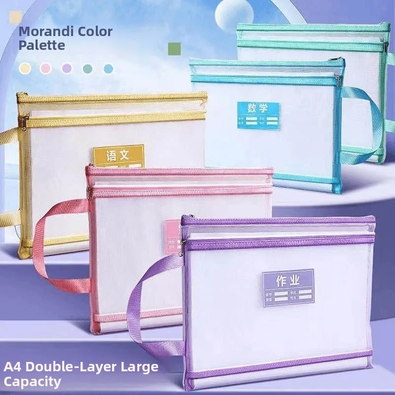 Thickened Student Double Layer Mesh Handheld Transparent Large Capacity A4 Homework Storage Bag Subject File Bag