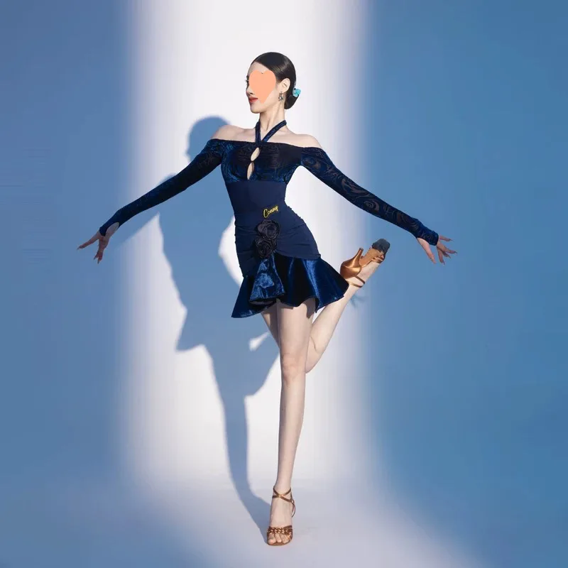 Terno de dança latina feminino estilo estrangeiro saia de prática manga longa top de uma peça com design de ombro de uma palavra