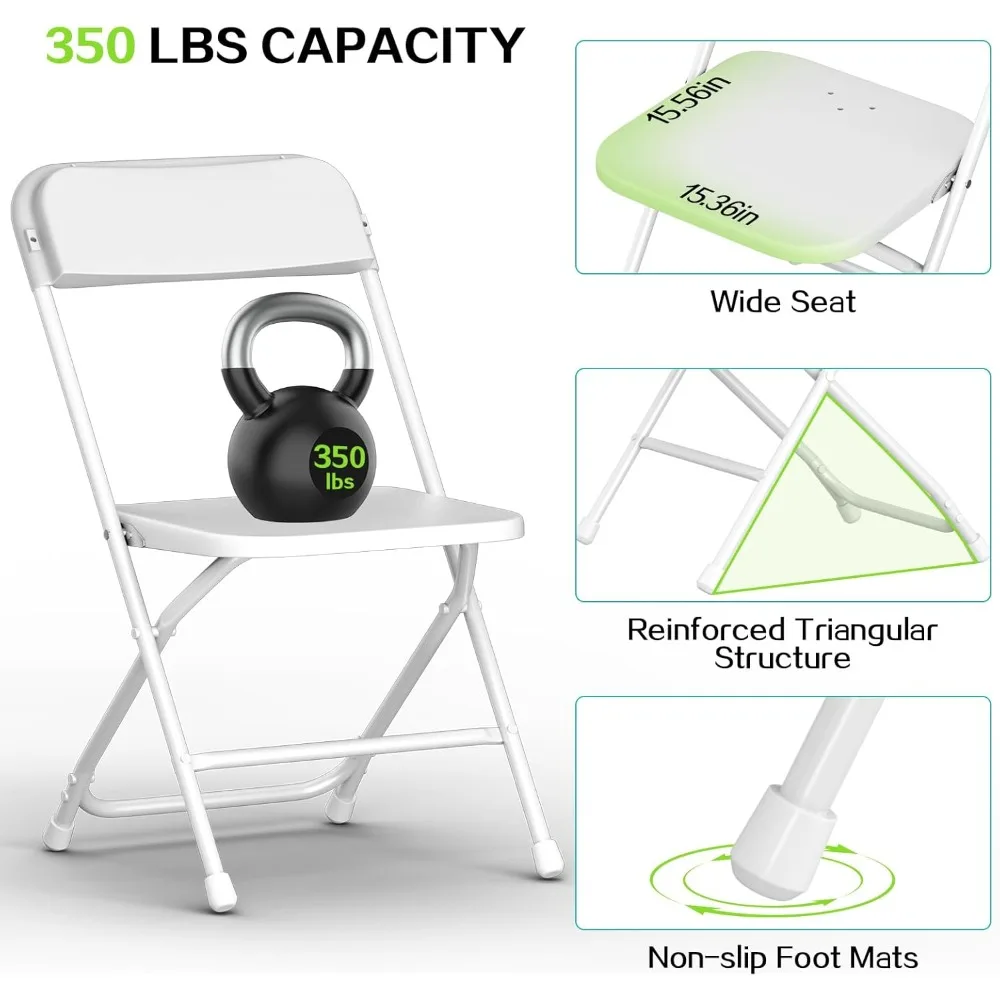 Folding Chairs 10 Pack, White Plastic Folding Chairs for Indoor Outdoor, Portable Stackable Commercial Seat with Steel Frame