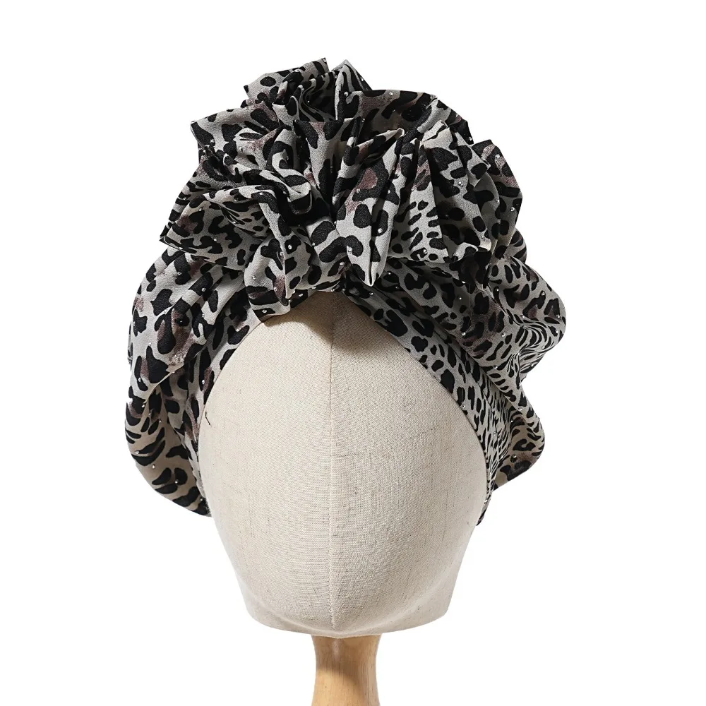 

Hot Leopard Print Diamonds Turban Elastic Front Knot Women Bandana Headwear Elegant Head Wrap Women