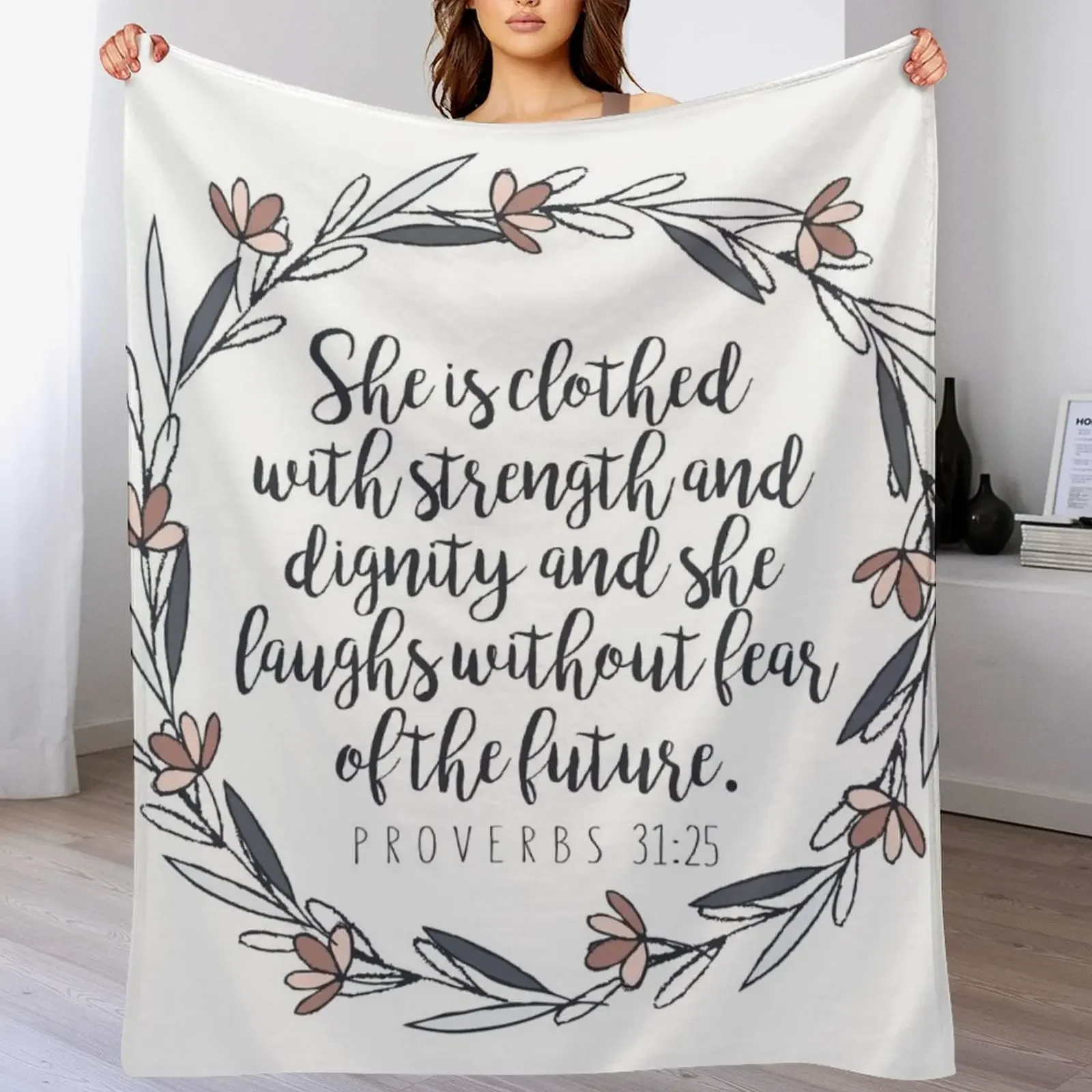 Bible Verse - Proverbs 31:25 Throw Blanket Wrinkle Resistant Lightweight Blanket