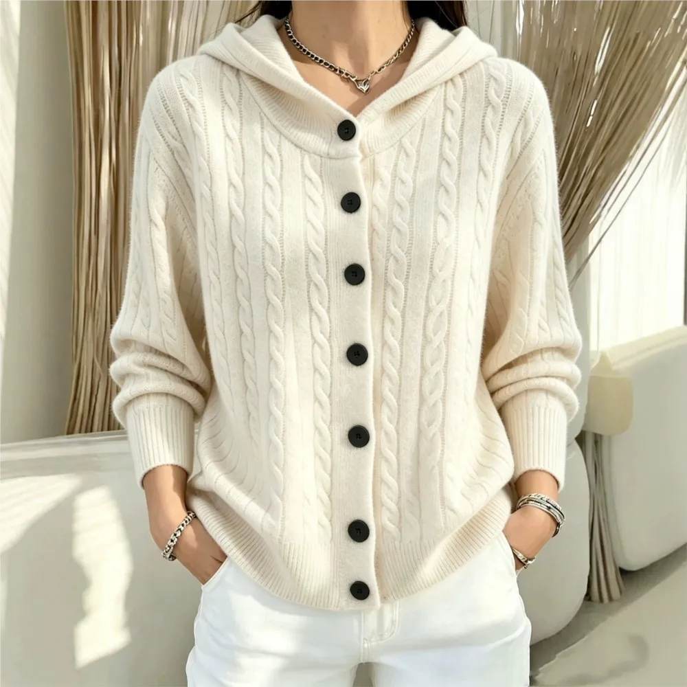 MsChuh All-match Loose Simple Style Sweater  Women Cardigan Pulls Femmes Commuting Homewear Daily Fashionable Hooded Solid Color