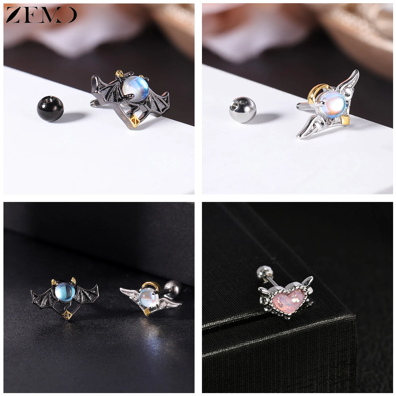 ZEMO 1 PC 16/20G Stainless Steel Stud Earrings Women Girls Lovely Pink Zircon Ear Studs Bat Tassel Helix Conch Piercings Jewelry