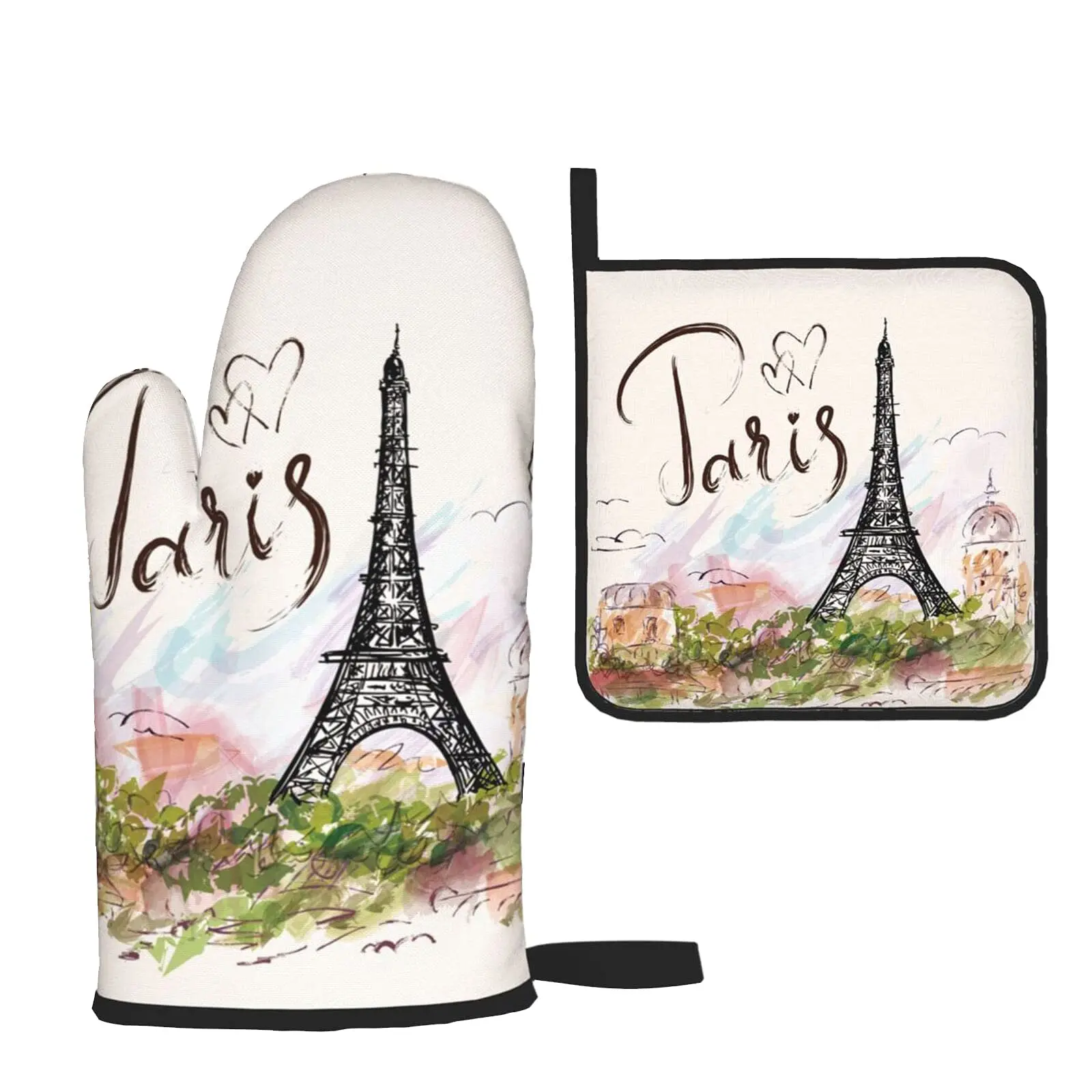 

Fantastic Eiffel Tower Paris Romantic France Oven Mitts and Pot Holders Sets Heat Resistant Non Slip Kitchen Gloves Hot Pads