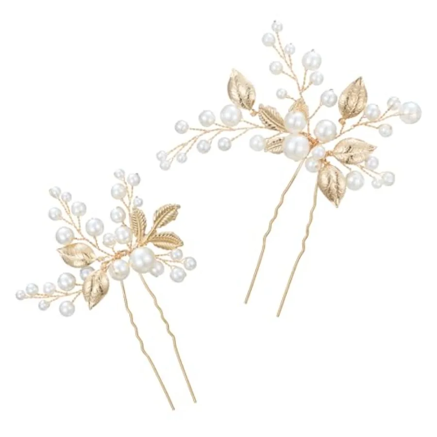 

2Pcs Bridal Hair Accessories Pearl Bride Wedding Hair Pins Leaf Bridal Head Pcs Rhinestones Hair Jewelry Gold Hair Accessories