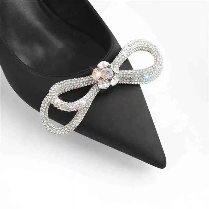 Onlymaker Women Pointed Toe Slip บน Rhinestone Bow 8ซม.สูง Stiletto ปั๊มชุดสำนักงานคลาสสิกขนาดใหญ่รองเท้าส้นสูง