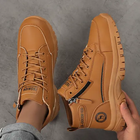 Men Leather Ankle Boots Side Zip Lace Up Non Slip Outdoor Hiking Casual Shoes