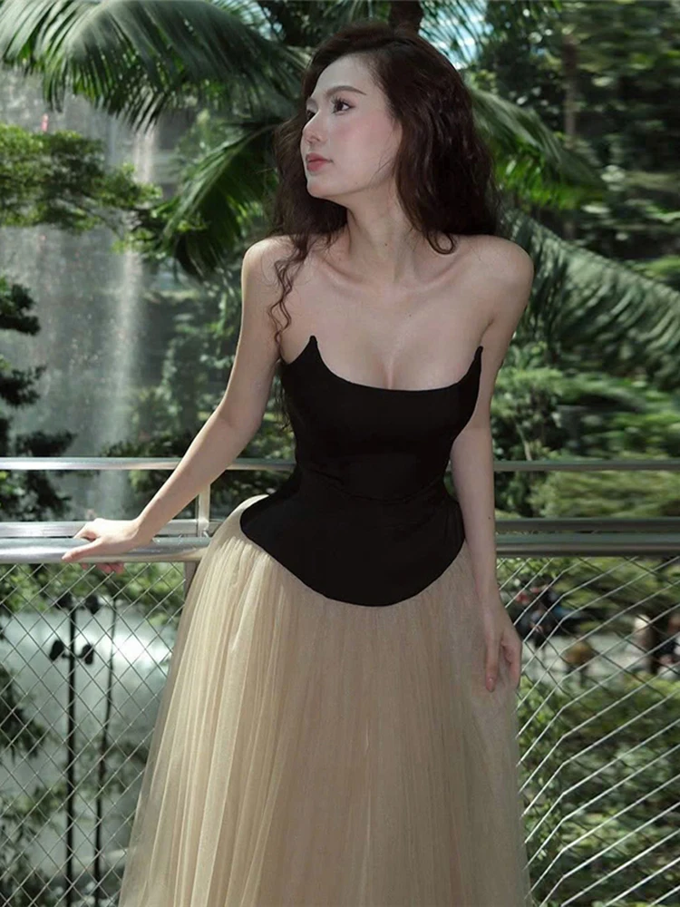 Estranho gato retalhos em camadas vestido feminino sexy sem alças malha elegante princesa noite festa de aniversário simples magro maxi bodycon