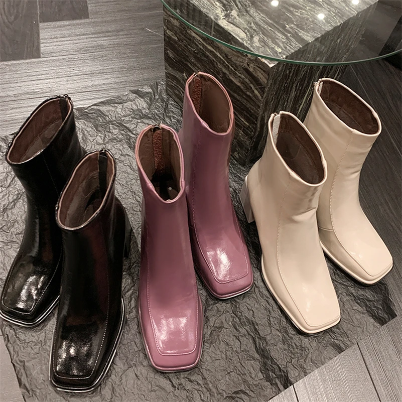 Meotina stivaletti da donna in vera pelle punta quadrata tacchi alti con cerniera stivali corti scarpe moda donna autunno inverno 40