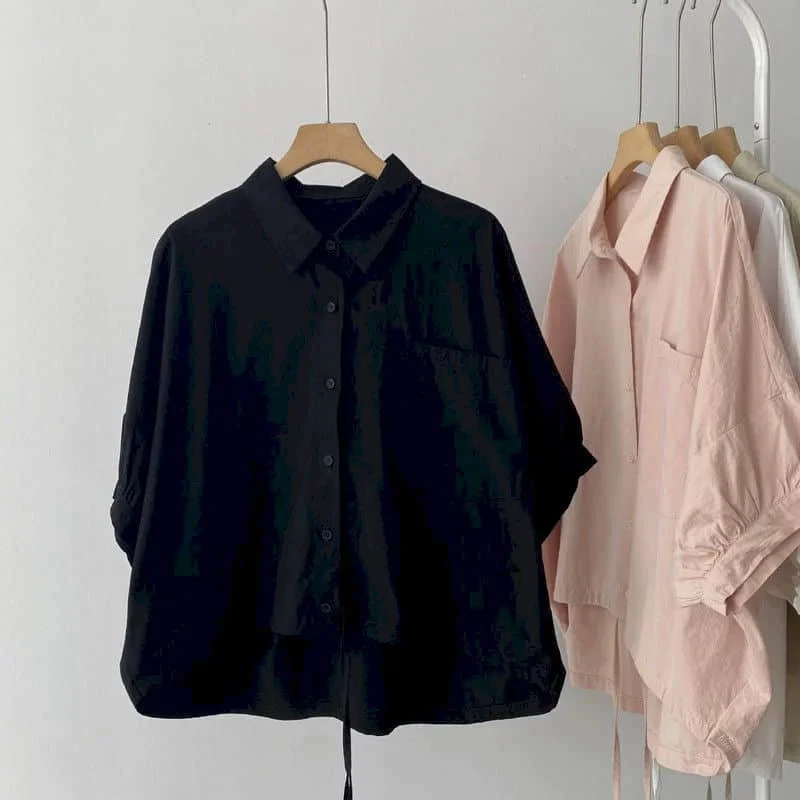 Cotton Shirts for Women Vintage Short Sleeve Polo-neck Casual Summer Single Breasted Korean Style One-piece Blouse Women Tops
