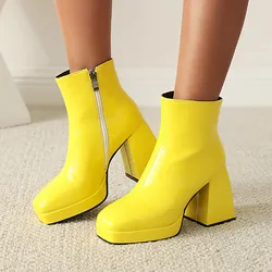 Patent Women's Ankle Boots Red White Black Block Heels Short Boot Female Zipper Autumn Winter Party Shoes Ladies Large Size 45
