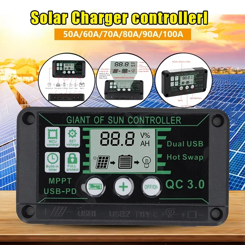 

100A Solar Panel Battery Regulator with USB Port Solar Charge Controller Solar Panel Controller 12V/24V Adjustable LCD Display