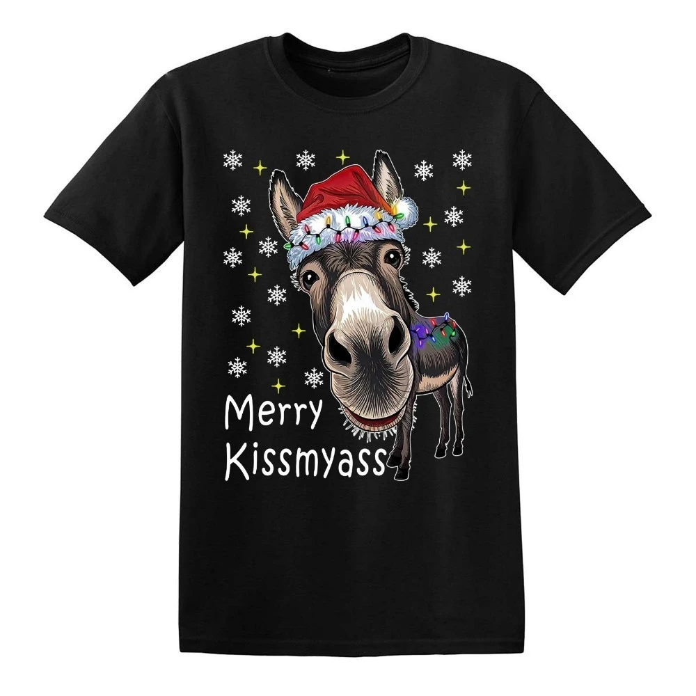 ميلاد سعيد KISSMYASS دونكي عيد الميلاد مضحك هدية الرجال عيد الميلاد التي شيرت نكتة المحملة قصيرة الأكمام عالية الجودة ملابس علوية من القطن الشارع الشهير