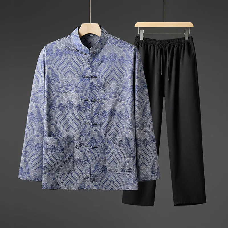Men's New Chinese Style Long Sleeve Tang Suit Set Autumn Brocade Pattern Mandarin Collar Loose Fit Casual Two Piece Outfits