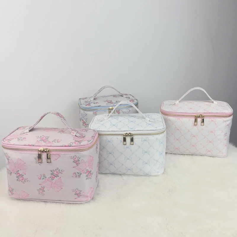 

New Design Bow Print Cosmetic Bag with Handle Nylon Plaid Waterproof Makeup Up Bag Large Capacity Storage Bag For Girl Women