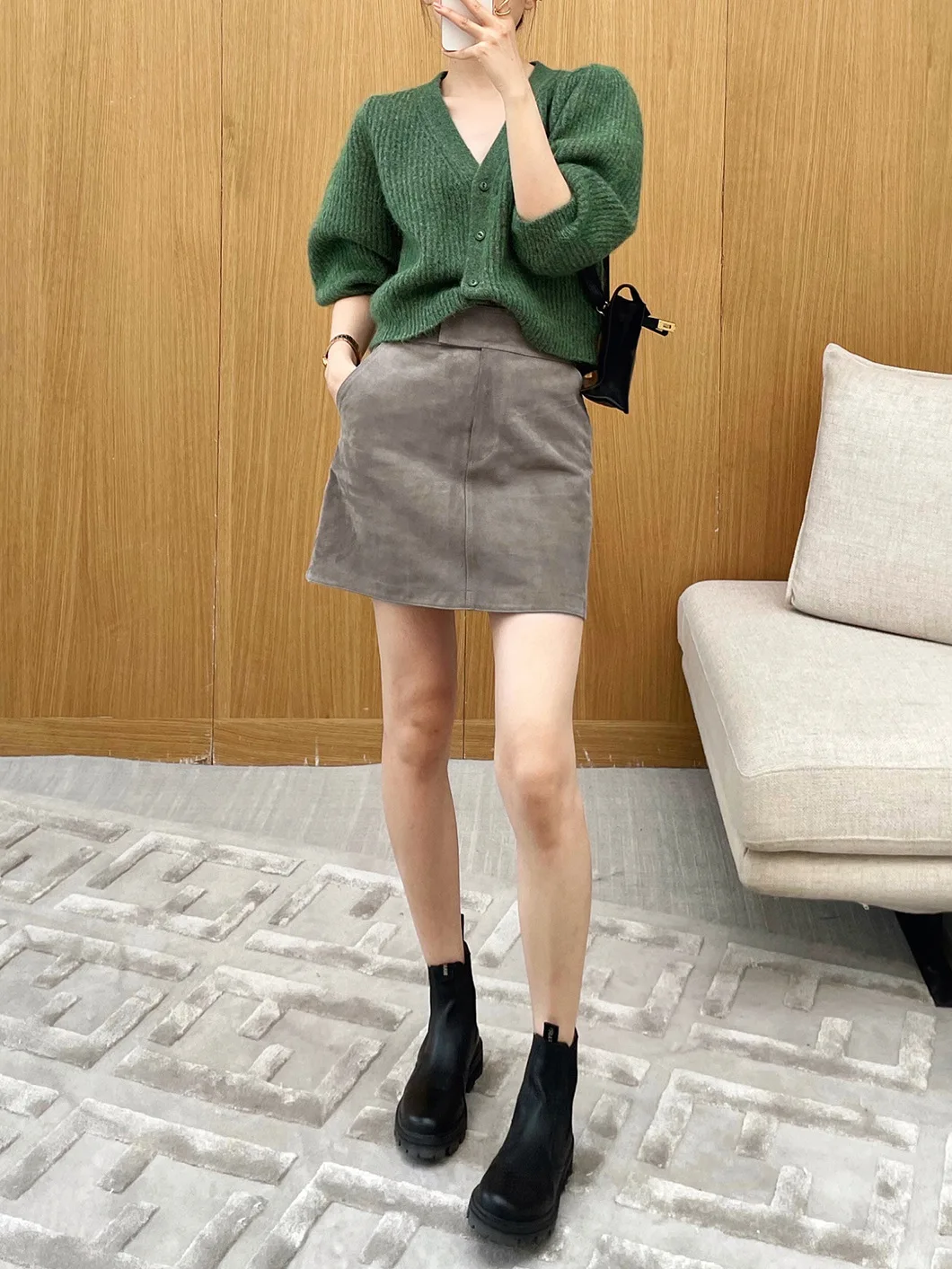 2023 Women New Simple Genuine Sheepskin Leather Skirt High Waist Kid Suede Versatile Leather Skirt E88