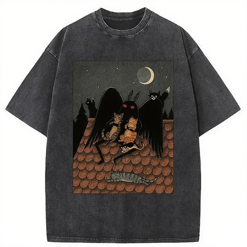 

Vintage Mothman In Moonlight Print Cotton Short Sleeve Washed T-shirt Men Women Cartoon Harujuku Retro Casual Tops Fan Gift