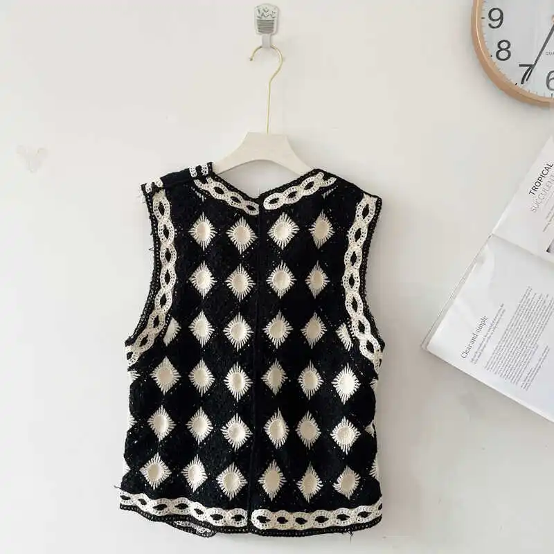 Black and White Checkered Vest Crochet Top for Women Sheer Open Knit Sleeveless Button Down Waistcoat Jacket Boho Vacation